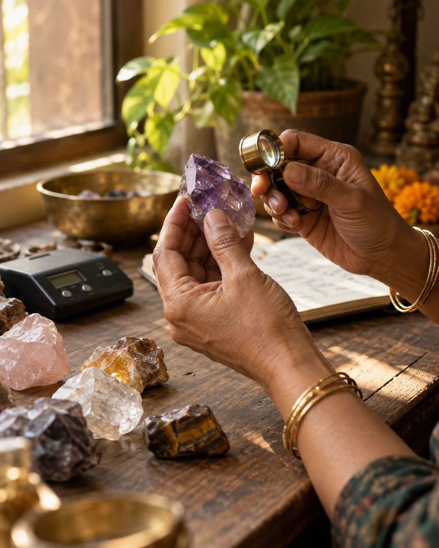 Hands inspecting a raw amethyst under a jeweller's loupe, natural stones on a wooden desk