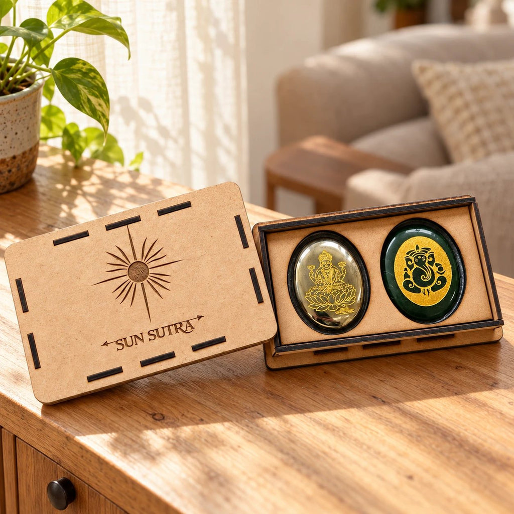 Lakshmi and Ganesha stone coins in the SunSutra wooden gift box