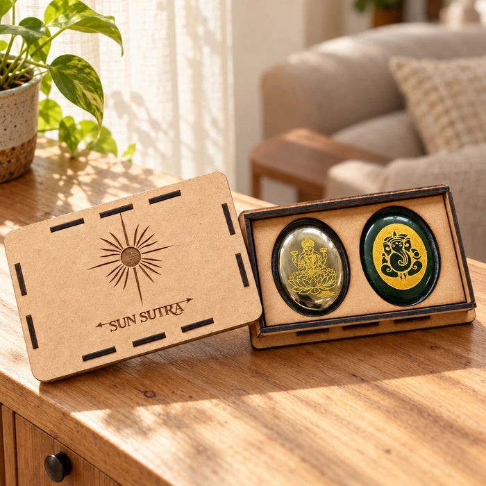 Lakshmi and Ganesha stone coins in the SunSutra wooden gift box