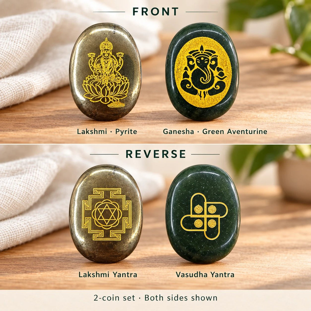 Front and reverse of the coins: Lakshmi with Lakshmi Yantra, Ganesha with Vasudha Yantra