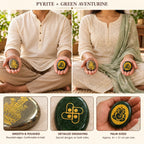 Hands holding the Pyrite Lakshmi coin and Green Aventurine Ganesha coin