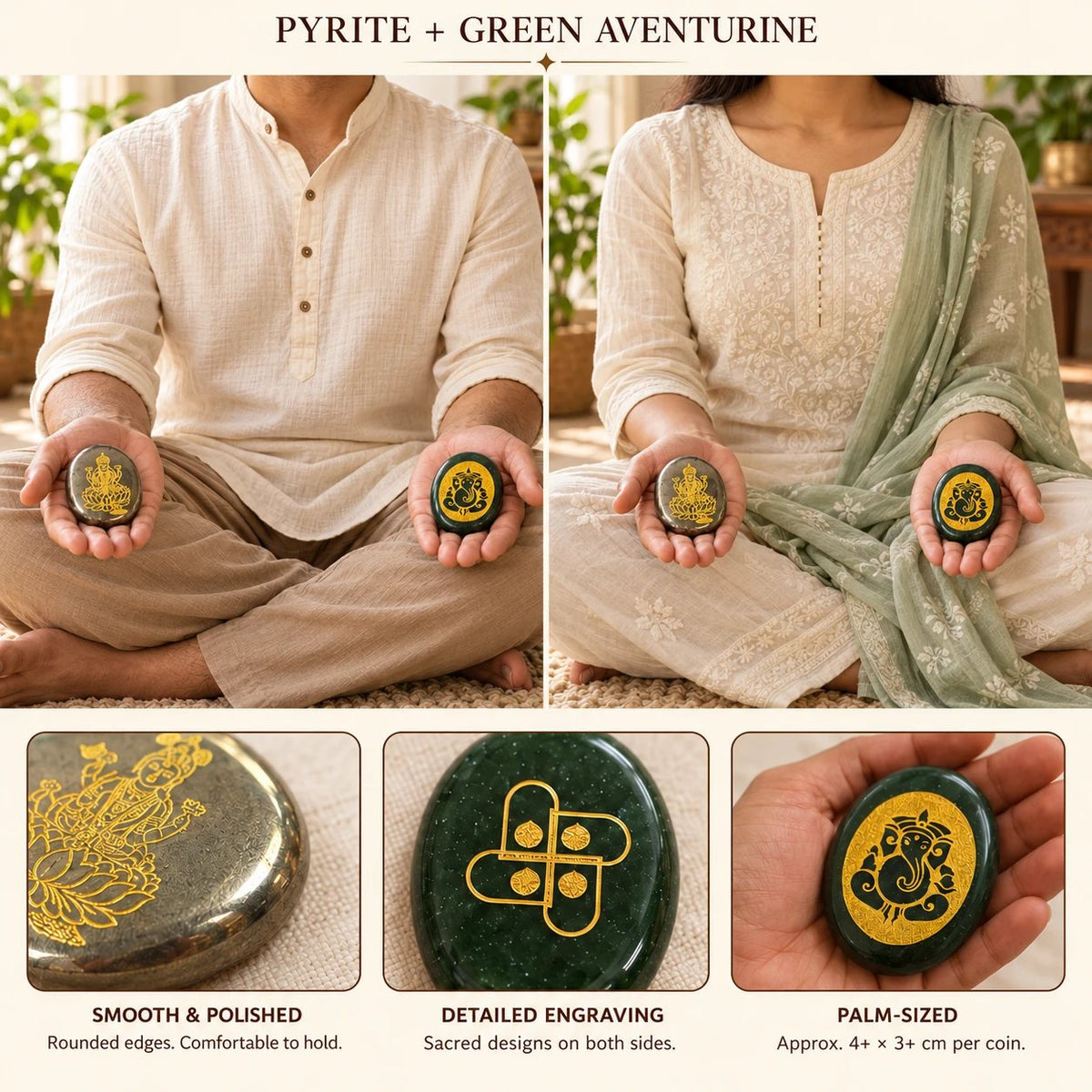 Hands holding the Pyrite Lakshmi coin and Green Aventurine Ganesha coin