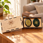 Gift box showing the Lakshmi Yantra and Vasudha Yantra on the reverse of the coins