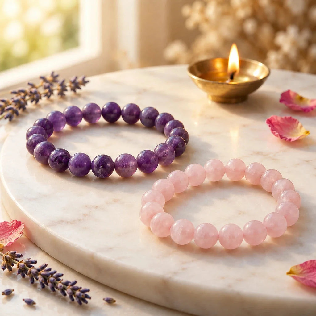 Love & Calm Duo: Rose Quartz + Amethyst Bracelet by SunSutra, natural crystal bead bracelet