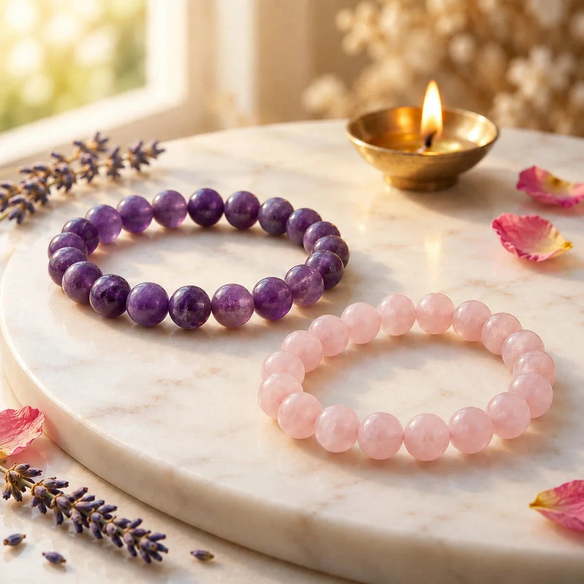 Love & Calm Duo: Rose Quartz + Amethyst Bracelet by SunSutra, natural crystal bead bracelet