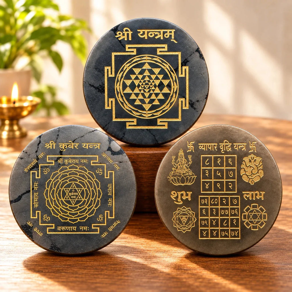 Business Prosperity Trio: Shree, Kuber & Vyapar Vriddhi Yantra by SunSutra, sacred yantra on natural stone