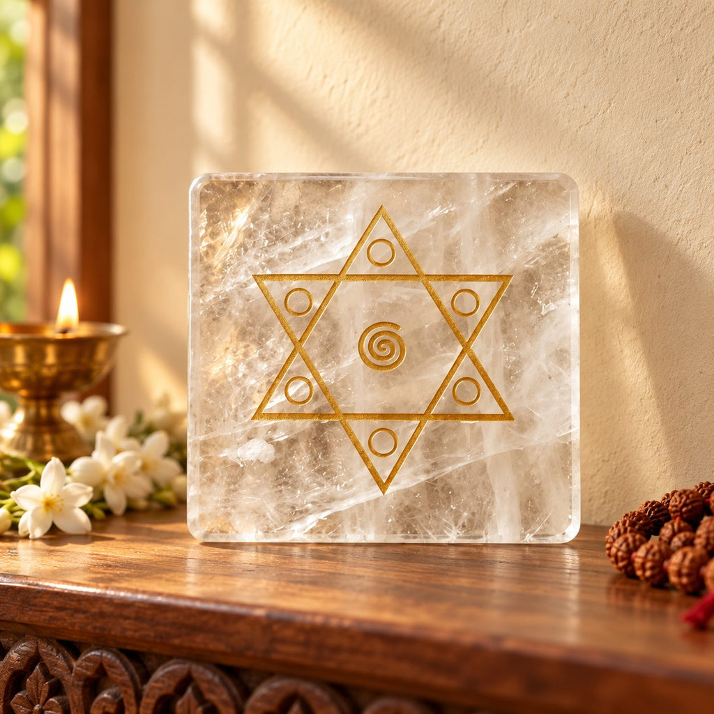 Shiv Shakti Yantra on clear quartz (sphatik) standing on a wooden ledge in soft window light