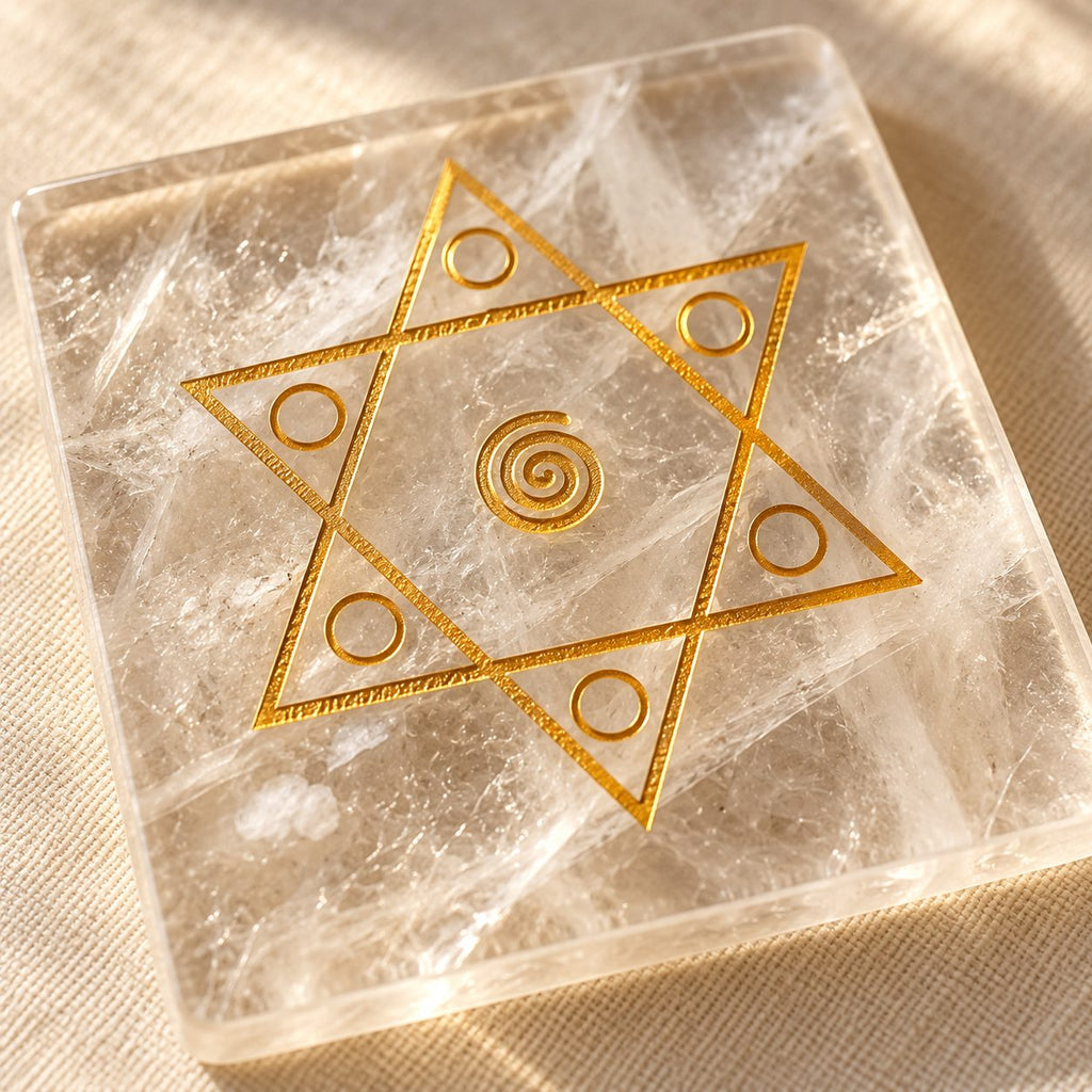 Close-up of the gold Shiv Shakti star engraving and natural veils in the sphatik plate