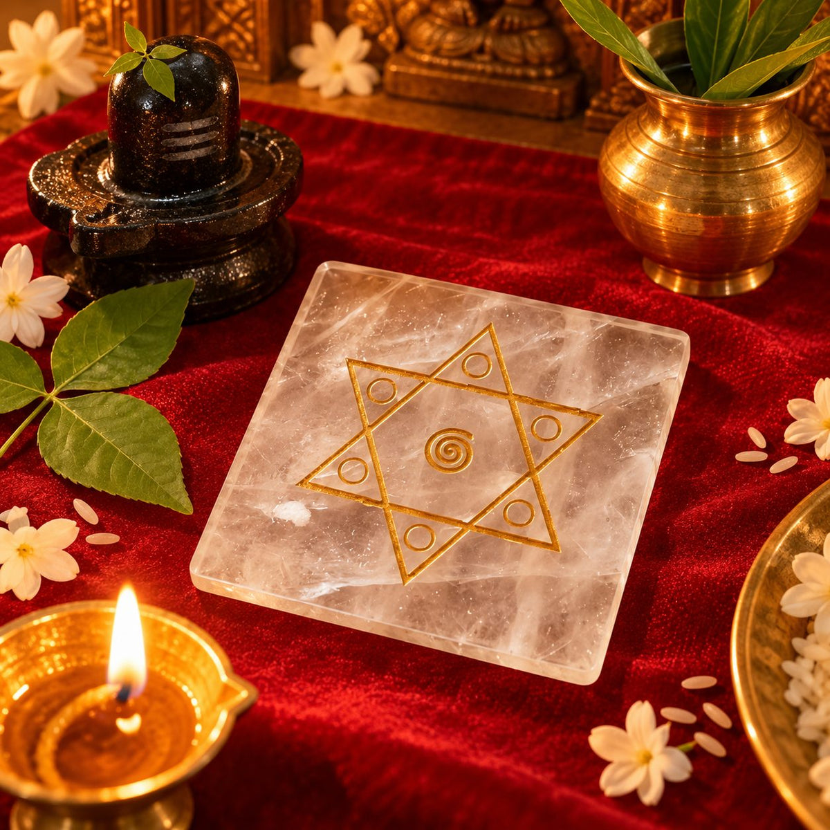 Shiv Shakti sphatik yantra on red cloth in a home mandir beside a Shivling and diya