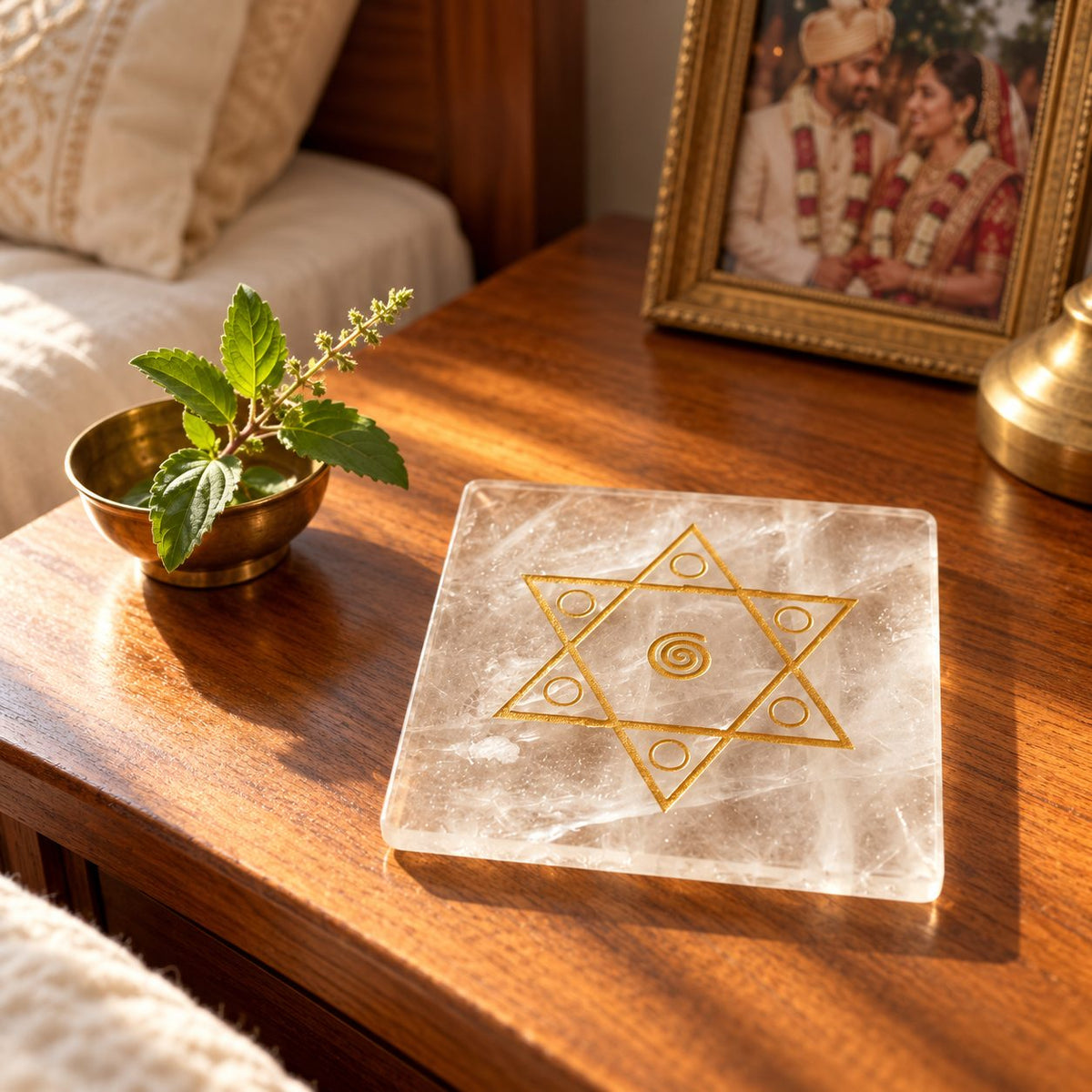 Shiv Shakti sphatik yantra on a couple's bedside table with tulsi