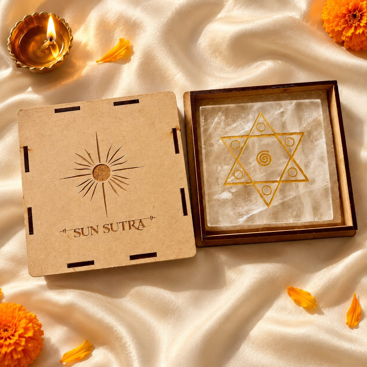 Shiv Shakti sphatik yantra in the open SunSutra wooden gift box